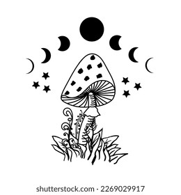 Celestial Mystical boho mushrooms, magic mushroom with moon and stars, witchcraft symbol, witchy esoteric objects, floral mystical elements fungi, fungus. Witchy tattoos. Esoteric clipart. 