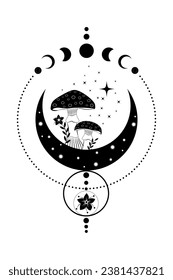 Celestial Mystical boho mushrooms, magic Amanita Muscaria with moon and stars, witchcraft symbol, witchy esoteric logo tattoo, Moon Phase, floral elements fungi, fungus. Esoteric wiccan clipart 