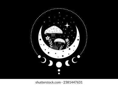 Celestial Mystical boho mushrooms, magic Amanita Muscaria with moon and stars, witchcraft symbol, witchy esoteric logo tattoo, Moon Phase, floral elements fungi, fungus. Esoteric wiccan clipart