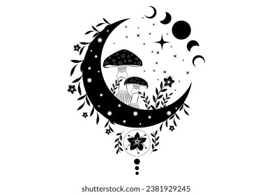 Celestial Mystical boho mushrooms, magic Amanita Muscaria with moon and stars, witchcraft symbol, witchy esoteric logo tattoo, Moon Phase, floral elements fungi, fungus. Esoteric wiccan clipart