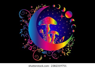 Celestial Mystical boho mushrooms, magic Amanita Muscaria with moon and stars, witchcraft symbol, witchy esoteric Psychedelic concept. Party rave, trance music, Moon Phase, floral elements on black