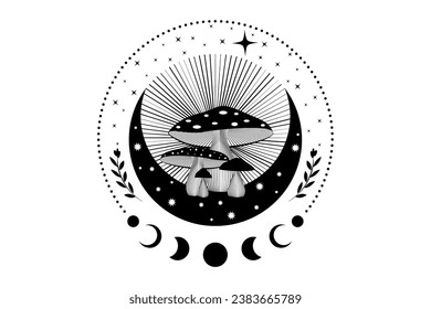 Celestial Mystical boho mushrooms, magic Amanita Muscaria with moon and stars, witchcraft symbol, witchy esoteric logo tattoo, Moon Phase, floral elements fungi, fungus. Esoteric wiccan clipart