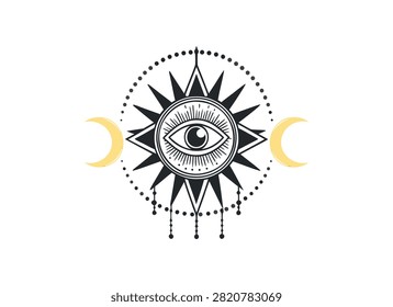 Celestial Mystical Eye with Sun and Moon Phases Vector Illustration