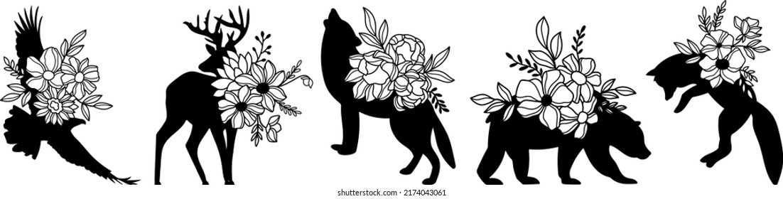 Flores místicas celestiales animales salvajes. Lobo, zorro, oso, águila, conjunto de ilustración vectorial de ciervo. Animales mágicos de Boho	