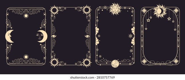 Celestial mystical frames. Cosmic ornaments, sun, moon, vintage boho borders for tarot cards, spiritual invitations, decorative tarot covers, elegant templates splendid vector flat style isolated set