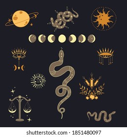 Celestial Mystical Illustration Of Icons Of Sun Moon Crystals Evil Eye Snake Libra. Magic Sacred Isolated Symbols