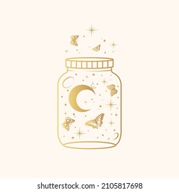 Celestial mystical jar with moon, stars and butterfly. Golden esoteric  design elements   isolated on white. Vector illustration in boho style.