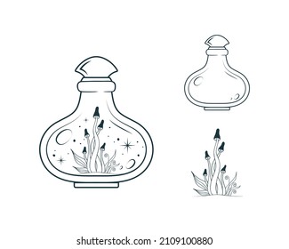 Celestial mystical jar with mushrooms and stars. Esoteric  design elements   isolated on white.  Hand drawn vector illustration for witchcraft.