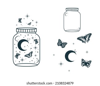 Celestial mystical jars with moon, stars and butterfly. Esoteric  design elements   isolated on white. Vector illustration in boho style.