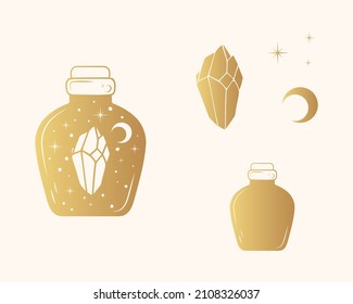 Estrellas místicas celestiales con luna, estrellas y cristal. Elementos de diseño esotérico dorado. La silueta de la botella está aislada en blanco. Ilustración vectorial dibujada a mano para brujería.