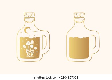 Celestial mystical jars with mushrooms, moon and stars. Golden esoteric  design elements  isolated on white background.  Hand drawn vector illustration for witchcraft.