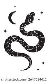 Ilustração da silhueta do vetor da cobra do Lynocut místico celestial. Mão preta e branca desenhada cobra mística. Elemento de design esotérico. . Ilustração vetorial