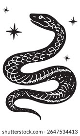 Ilustração da silhueta do vetor da cobra do Lynocut místico celestial. Mão preta e branca desenhada cobra mística. Elemento de design esotérico. . Ilustração vetorial
