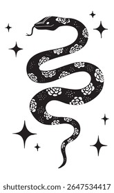 Ilustração da silhueta do vetor da cobra do Lynocut místico celestial. Mão preta e branca desenhada cobra mística. Elemento de design esotérico. . Ilustração vetorial