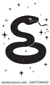 Ilustração da silhueta do vetor da cobra do Lynocut místico celestial. Mão preta e branca desenhada cobra mística. Elemento de design esotérico. . Ilustração vetorial