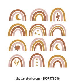 Celestial, mystical modern rainbow vector set. Moon, stars, moon phase, sun, snake. Boho Illustration isolated on white. Wall art, t shirt print, card, poster for nursery room, kids and baby clothes