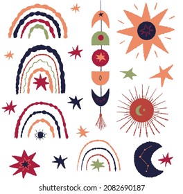 Celestial, mystical modern rainbow vector set. Moon, stars, moon phase, sun. Boho Illustration isolated on white. Wall art, t shirt print, card, poster for nursery room, kids and baby clothes