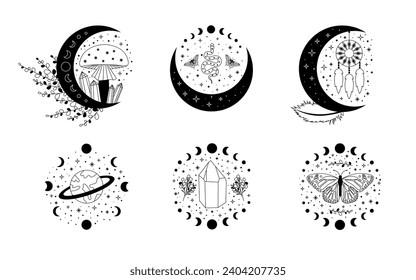 Celestial mystical moon collections. Magic and esotericl vector illustrations.