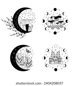 Celestial mystical moon collections. Magic and esotericl mushrooms. Vector illustrations.