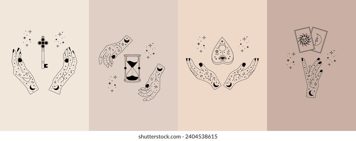 Celestial mystical moon and hands. Set of magic hands with celestial mystical esoteric symbols for logotype, posters. Vector illustration.