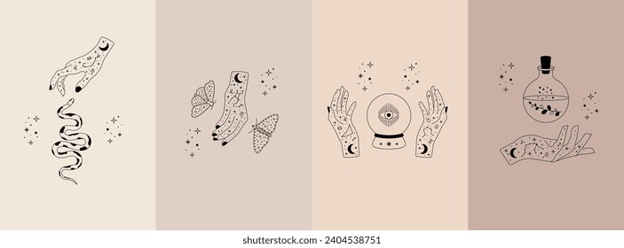Celestial mystical moon and hands. Set of magic hands with celestial mystical esoteric symbols for logotype, posters. Vector illustration.
