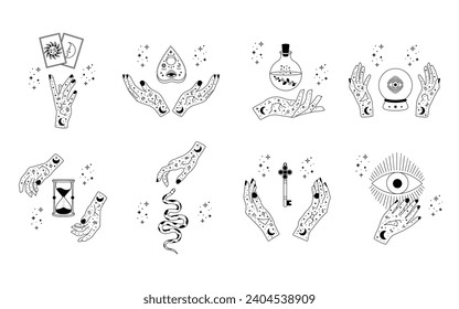 Celestial mystical moon and hands. Set of magic hands with celestial mystical esoteric symbols. Vector illustration.