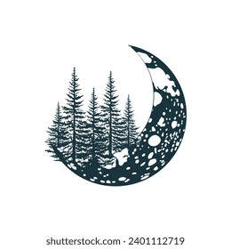 Luna mística celestial y árboles. Ilustración vectorial dibujada a mano en estilo boho para impresión, tatuaje y tarjeta de saludo