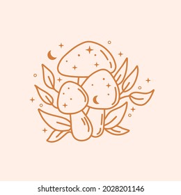 Celestial and mystical mushroom illustration. Hand drawn vector design element. Mushroom with moon and stars