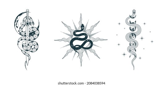Celestial and mystical snake with sword, moon and sun. Spiritual witchcraft prints for design of t-shirts, fabrics, tattoo, cards 