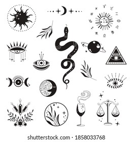Celestial Mystical symbols and icons of snake, libra, sun, moon, evil eye, planet, crystal, wineglass in black and white. Bohemian gypsy motifs on background. Vector, illustration.