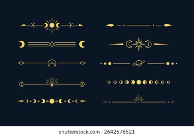 Celestial mystical tarot ornament. Golden Boho line art vector set. Divider thin line border with crescent, moon eclipse, stars, sun rays and arrows. Minimal linear spiritual symbols