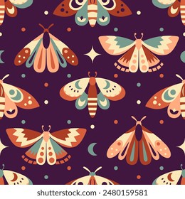 Celestial night aesthetic seamless pattern. Vintage bohemian vibe backdrop. Mystery insects: luna moth, butterflies. Dark boho Mystical moth background. Trendy flat style print