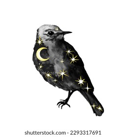 Celestial night bird with space sky, stars, moon. Watercolor vector design for universe tattoo, fantastic vintage card element