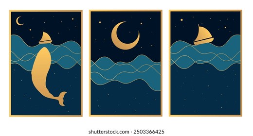Celestial night ocean set. Posters with night sky and ocean view, golden silhouettes of a ship and a whale. Vector illustration
