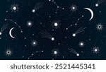 A celestial night sky illustration featuring constellations, stars, moons, and shooting stars. This seamless pattern is perfect for cosmic-themed designs, backgrounds, and textile prints.