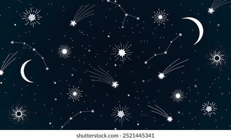 Una ilustración celestial del cielo nocturno con constelaciones, estrellas, lunas y estrellas fugaces. Este patrón sin costuras es perfecto para diseños de temática cósmica, fondos y estampados textiles.