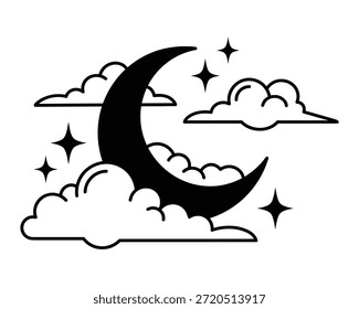 Ilustración celestial del cielo nocturno con luna creciente, estrellas brillantes y nubes suaves, ideal para soñar y temas místicos, Arte vectorial.