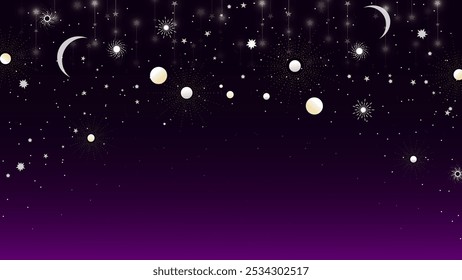 Una ilustración del cielo nocturno celestial con lunas brillantes, estrellas y estallidos cósmicos contra un fondo degradado púrpura profundo. Perfecto para diseños de temática celestial, arte espacial y escenas nocturnas de ensueño.