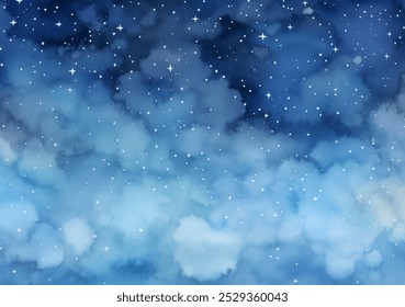 Celestial Night Sky Aquarell Hintergrund Vektor Design. Ruhige Schönheit der kalten Winternacht. Tief blauer Himmel mit funkelnden Sternen, faszinierender Himmelskulisse. Weiche, flauschige Wolken treiben friedlich