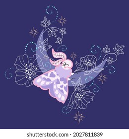 Celestial nocturnal  print with cartoon lavender moth butterfly character on dark purple starry night sky with magic spells curves, flowers and moon. Perfect for girls childish textile design.