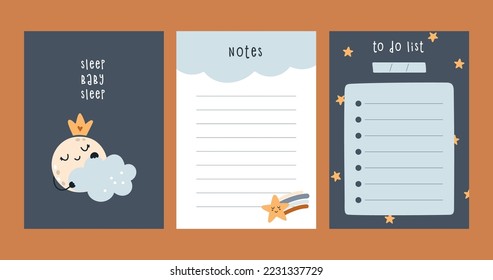 Celestial notebook design. Organizer and Schedule with card, notes and to do list. Daily planner template. 