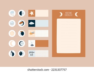 Celestial notebook design. Organizer and Schedule with stickers and to do list. Daily planner template.
