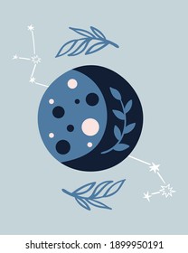 Celestial nursery poster with blue moon and stars, boho hand drawn moon art for kids room, pre-made poster template 16-20 inches, cute space magic baby illustration, vector design