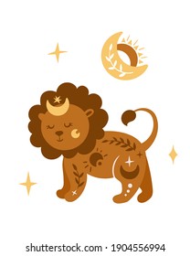 Celestial nursery poster with cute Lion and Moon, boho art for kids room, pre-made poster template 16-20 inches, cute space magic baby illustration, vector design