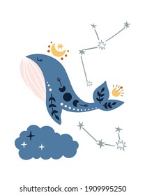 Celestial nursery poster with cute space whale and moon, boho wall art for kids room, pre-made poster template 16-20 inches, space magic baby illustration, vector design
