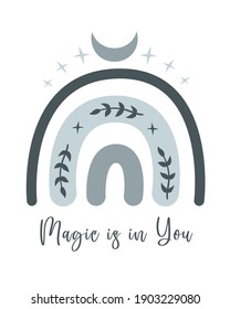 Celestial nursery poster with nursery rainbow, boho hand drawn rainbow for kids room, pre-made poster or card template 16-20 inches, cute space magic baby illustration, vector design