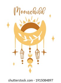 Celestial nursery poster with terracotta moon and stars, boho hand drawn moon art for kids room, pre-made poster template 16-20 inches, cute space magic baby illustration, vector design