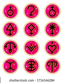 Objetos celestes. Símbolos astrológicos. Signos planetarios en forma redonda. Conjunto de etiquetas de degradado rosa de 12 círculos. Diseños de logotipos astronómicos. Colección de material vectorial con estrellas y patrones. 