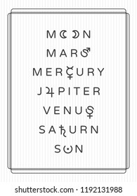 Celestial Objects as Days of the Week Creative Concept Seven Modern Logos with Moon Mars Mercury Jupiter Venus Saturn Sun Lettering and Astrological Signs Symbols Vector Design