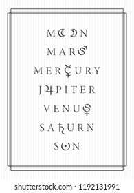 Celestial Objects as Days of the Week Creative Concept Seven Roman Capitals Style Logos with Moon Mars Mercury Jupiter Venus Saturn Sun Lettering and Astrological Signs Symbols Vector Design